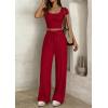 image:imagePRETTYGARDEN Womens 2 Piece Matching Lounge Sets Ribbed Short Sleeve Crop Tops Wide Leg Pants 2026 Summer Airport OutfitsRed
