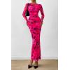 image:imagePRETTYGARDEN Womens Long Sleeve Bodycon Dresses 2026 Spring Sexy Floral Mesh Slit Ruched Tight Maxi Wedding Guest DressBlack Rose Red Big Flower