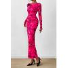 image:imagePRETTYGARDEN Womens Long Sleeve Bodycon Dresses 2026 Spring Sexy Floral Mesh Slit Ruched Tight Maxi Wedding Guest DressBlack Rose Red Big Flower