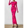 image:imagePRETTYGARDEN Womens Long Sleeve Bodycon Dresses 2026 Spring Sexy Floral Mesh Slit Ruched Tight Maxi Wedding Guest DressBlack Rose Red Big Flower