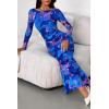 image:imagePRETTYGARDEN Womens Long Sleeve Bodycon Dresses 2026 Spring Sexy Floral Mesh Slit Ruched Tight Maxi Wedding Guest DressBlue Pink Flower