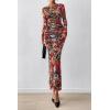 image:imagePRETTYGARDEN Womens Long Sleeve Bodycon Dresses 2026 Spring Sexy Floral Mesh Slit Ruched Tight Maxi Wedding Guest DressFloral Black Multicolored