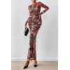 image:imagePRETTYGARDEN Womens Long Sleeve Bodycon Dresses 2026 Spring Sexy Floral Mesh Slit Ruched Tight Maxi Wedding Guest DressFloral Black Multicolored