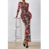 image:imagePRETTYGARDEN Womens Long Sleeve Bodycon Dresses 2026 Spring Sexy Floral Mesh Slit Ruched Tight Maxi Wedding Guest DressFloral Black Multicolored
