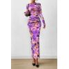 image:imagePRETTYGARDEN Womens Long Sleeve Bodycon Dresses 2026 Spring Sexy Floral Mesh Slit Ruched Tight Maxi Wedding Guest DressFloral Grey Purple