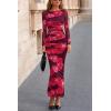 image:imagePRETTYGARDEN Womens Long Sleeve Bodycon Dresses 2026 Spring Sexy Floral Mesh Slit Ruched Tight Maxi Wedding Guest DressRed Flower