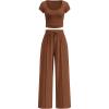 image:imagePRETTYGARDEN Womens 2 Piece Matching Lounge Sets Ribbed Short Sleeve Crop Tops Wide Leg Pants 2026 Summer Airport OutfitsLight Brown