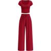 image:imagePRETTYGARDEN Womens 2 Piece Matching Lounge Sets Ribbed Short Sleeve Crop Tops Wide Leg Pants 2026 Summer Airport OutfitsRed