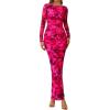 image:imagePRETTYGARDEN Womens Long Sleeve Bodycon Dresses 2026 Spring Sexy Floral Mesh Slit Ruched Tight Maxi Wedding Guest DressBlack Rose Red Big Flower
