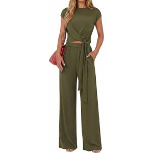 image:imagePRETTYGARDEN 2 Piece Lounge Sets For Women 2026 Summer Casual Outfits Cap Sleeve Belted Crop Tops Wide Palazzo Leg PantsArmy Green