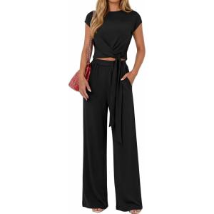 image:imagePRETTYGARDEN 2 Piece Lounge Sets For Women 2026 Summer Casual Outfits Cap Sleeve Belted Crop Tops Wide Palazzo Leg PantsBlack