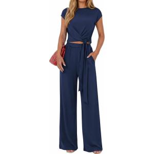 image:imagePRETTYGARDEN 2 Piece Lounge Sets For Women 2026 Summer Casual Outfits Cap Sleeve Belted Crop Tops Wide Palazzo Leg PantsNavy