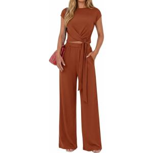 image:imagePRETTYGARDEN 2 Piece Lounge Sets For Women 2026 Summer Casual Outfits Cap Sleeve Belted Crop Tops Wide Palazzo Leg PantsRed Brown