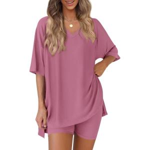image:imagePRETTYGARDEN 2 Piece Sets for Women Summer 2026 Lounge Short Set Spring Matching Biker Shorts V Neck Oversized Shirt ClothingPink
