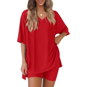 image:imagePRETTYGARDEN 2 Piece Sets for Women Summer 2026 Lounge Short Set Spring Matching Biker Shorts V Neck Oversized Shirt ClothingRed