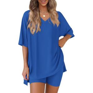 image:imagePRETTYGARDEN 2 Piece Sets for Women Summer 2026 Lounge Short Set Spring Matching Biker Shorts V Neck Oversized Shirt ClothingRoyal Blue