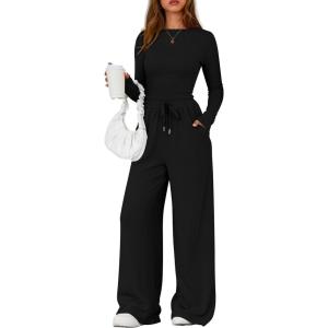 image:imagePRETTYGARDEN Matching Sets Women Clothing 2026 Fall Fashion Travel 2 Piece Lounge Sets Long Sleeve Crop Top Wide Leg PantsBlack