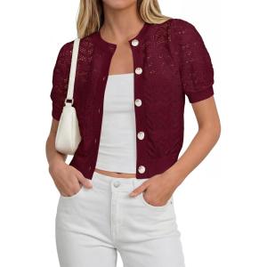 image:imagePRETTYGARDEN Women Summer Crochet Puff Short Sleeve Cardigan Lightweight Spring Cropped Button Up Beach Knit Sweater TopsBurgundy