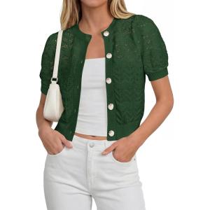 image:imagePRETTYGARDEN Women Summer Crochet Puff Short Sleeve Cardigan Lightweight Spring Cropped Button Up Beach Knit Sweater TopsGreen
