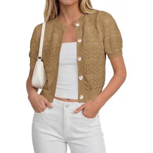 image:imagePRETTYGARDEN Women Summer Crochet Puff Short Sleeve Cardigan Lightweight Spring Cropped Button Up Beach Knit Sweater TopsKhaki