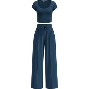 image:imagePRETTYGARDEN Womens 2 Piece Matching Lounge Sets Ribbed Short Sleeve Crop Tops Wide Leg Pants 2026 Summer Airport OutfitsDark Blue