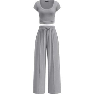 image:imagePRETTYGARDEN Womens 2 Piece Matching Lounge Sets Ribbed Short Sleeve Crop Tops Wide Leg Pants 2026 Summer Airport OutfitsGrey