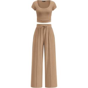 image:imagePRETTYGARDEN Womens 2 Piece Matching Lounge Sets Ribbed Short Sleeve Crop Tops Wide Leg Pants 2026 Summer Airport OutfitsKhaki