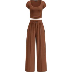 image:imagePRETTYGARDEN Womens 2 Piece Matching Lounge Sets Ribbed Short Sleeve Crop Tops Wide Leg Pants 2026 Summer Airport OutfitsLight Brown