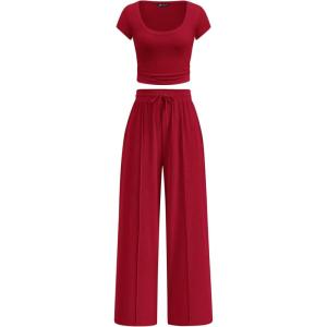 image:imagePRETTYGARDEN Womens 2 Piece Matching Lounge Sets Ribbed Short Sleeve Crop Tops Wide Leg Pants 2026 Summer Airport OutfitsRed