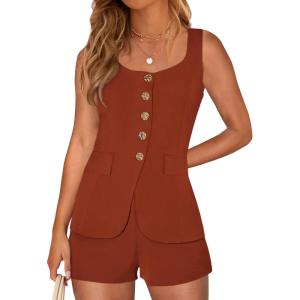 image:imagePRETTYGARDEN Womens 2 Piece Matching Sets 2026 Fashion Suit Vest Tops Shorts Set Spring Business Casual Vacation OutfitsBrick Red