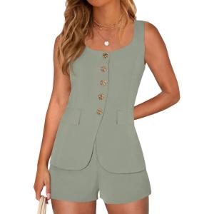 image:imagePRETTYGARDEN Womens 2 Piece Matching Sets 2026 Fashion Suit Vest Tops Shorts Set Spring Business Casual Vacation OutfitsGrey Green
