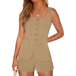 image:imagePRETTYGARDEN Womens 2 Piece Matching Sets 2026 Fashion Suit Vest Tops Shorts Set Spring Business Casual Vacation OutfitsKhaki
