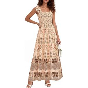 image:imagePRETTYGARDEN Womens 2026 Summer Maxi Dress Tie Straps Floral Beach Vacation Long Dresses Smocked Boho Sundress with PocketsApricot Brown Floral