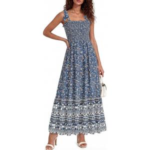 image:imagePRETTYGARDEN Womens 2026 Summer Maxi Dress Tie Straps Floral Beach Vacation Long Dresses Smocked Boho Sundress with PocketsBlue Floral
