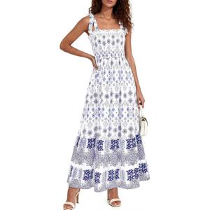 image:imagePRETTYGARDEN Womens 2026 Summer Maxi Dress Tie Straps Floral Beach Vacation Long Dresses Smocked Boho Sundress with PocketsWhite Blue Floral