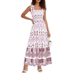 image:imagePRETTYGARDEN Womens 2026 Summer Maxi Dress Tie Straps Floral Beach Vacation Long Dresses Smocked Boho Sundress with PocketsWhite Rose Red Floral