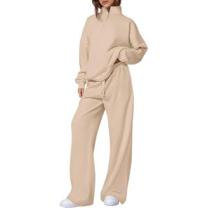 image:imagePRETTYGARDEN Womens Casual Two Piece Sets Fall 2026 Outfits Quarter Zip Sweatshirts Straight Leg Pants Sweatsuits TracksuitBeige