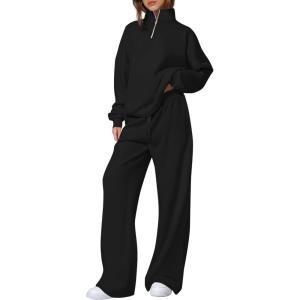 image:imagePRETTYGARDEN Womens Casual Two Piece Sets Fall 2026 Outfits Quarter Zip Sweatshirts Straight Leg Pants Sweatsuits TracksuitBlack