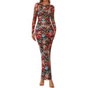 image:imagePRETTYGARDEN Womens Long Sleeve Bodycon Dresses 2026 Spring Sexy Floral Mesh Slit Ruched Tight Maxi Wedding Guest DressFloral Black Multicolored
