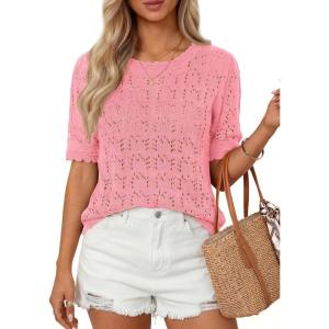 image:imagePRETTYGARDEN Womens Short Sleeve Sweater Crochet Summer Tops 2026 Trendy Casual Hollow Out Shirts Beach Vacation ClothesPink