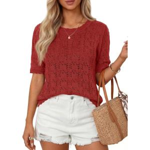 image:imagePRETTYGARDEN Womens Short Sleeve Sweater Crochet Summer Tops 2026 Trendy Casual Hollow Out Shirts Beach Vacation ClothesRed