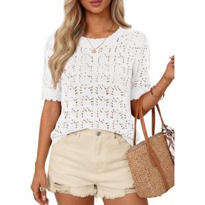 image:imagePRETTYGARDEN Womens Short Sleeve Sweater Crochet Summer Tops 2026 Trendy Casual Hollow Out Shirts Beach Vacation ClothesWhite