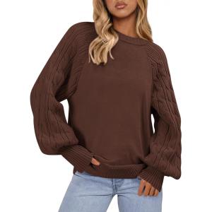 image:imagePRETTYGARDEN Womens Sweaters Spring Fashion 2026 Crew Neck Cable Knit Casual Loose Chunky Tunic Sweater Winter ClothingBrown