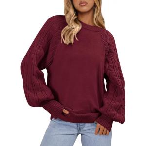 image:imagePRETTYGARDEN Womens Sweaters Spring Fashion 2026 Crew Neck Cable Knit Casual Loose Chunky Tunic Sweater Winter ClothingBurgundy