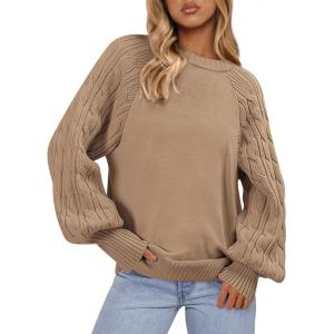 image:imagePRETTYGARDEN Womens Sweaters Spring Fashion 2026 Crew Neck Cable Knit Casual Loose Chunky Tunic Sweater Winter ClothingKhaki