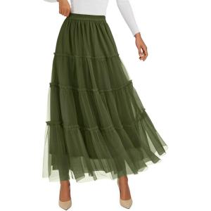 image:imagePRETTYGARDEN Tulle Skirts for Women 2026 Spring Fashion Elastic High Waisted Tiered Flowy Fairy ALine Casual Maxi Long SkirtArmy Green