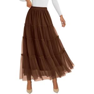 image:imagePRETTYGARDEN Tulle Skirts for Women 2026 Spring Fashion Elastic High Waisted Tiered Flowy Fairy ALine Casual Maxi Long SkirtBrown