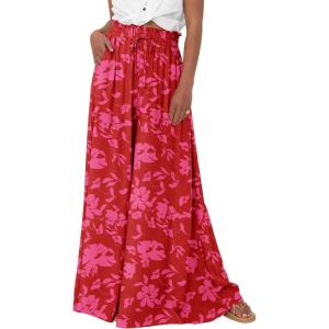 image:imagePRETTYGARDEN Womens 2026 Summer Wide Leg Palazzo Pants High Waisted Flowy Pockets Trendy Casual Lounge Boho Beach TrousersPrint Red