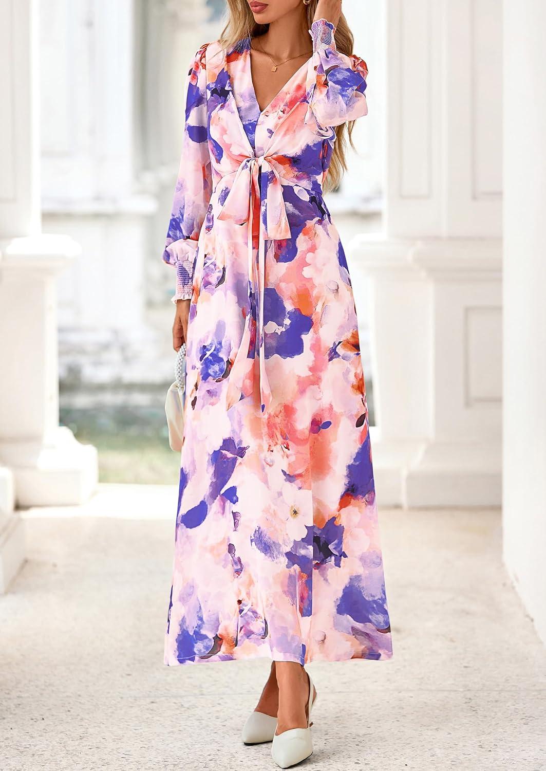 image:imagePRETTYGARDEN Womens 2026 Spring Wedding Guest Dresses Floral Long Sleeve V Neck Belted Long Flowy Boho Maxi DressFloral Multicolored