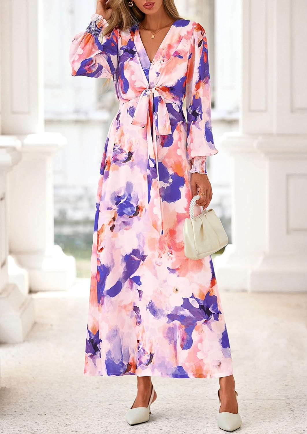 image:imagePRETTYGARDEN Womens 2026 Spring Wedding Guest Dresses Floral Long Sleeve V Neck Belted Long Flowy Boho Maxi DressFloral Multicolored